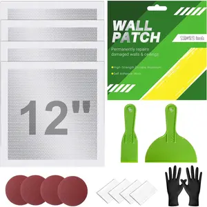 12 x 12 Inch Drywall Repair Kit - 4 count Large Drywall Patch for Wall & Ceiling Holes, Heavy-Duty  Self-Adhesive Mesh, Includes Plastic Drop Cloths, Scrapers, Sandpaper & Gloves - Quick Fix