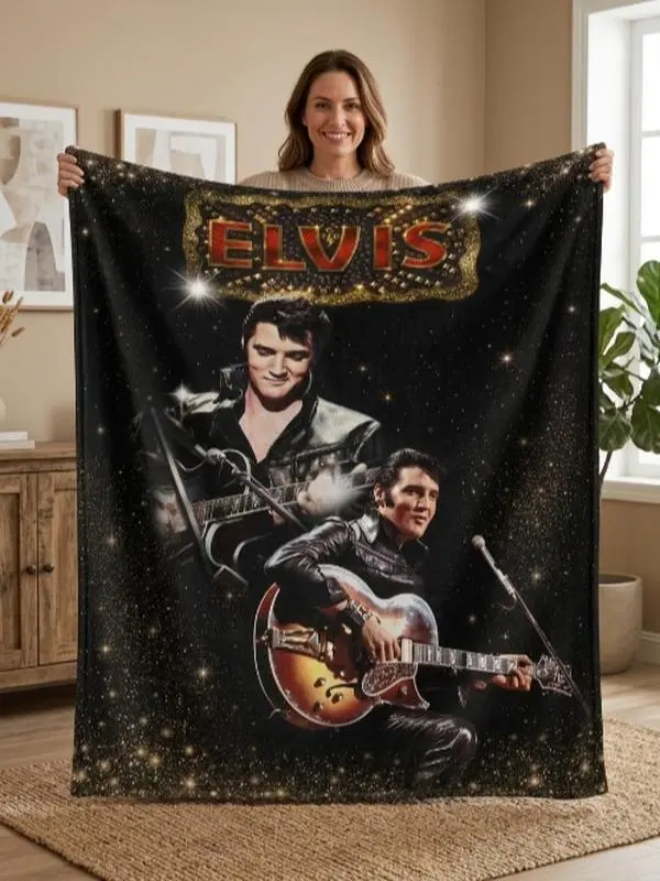 Elvis Presley Blanket, Black Gold Guitar Performance Fleece Flannel Throw, The King Music Fan Blanket, Rock And Roll Gift