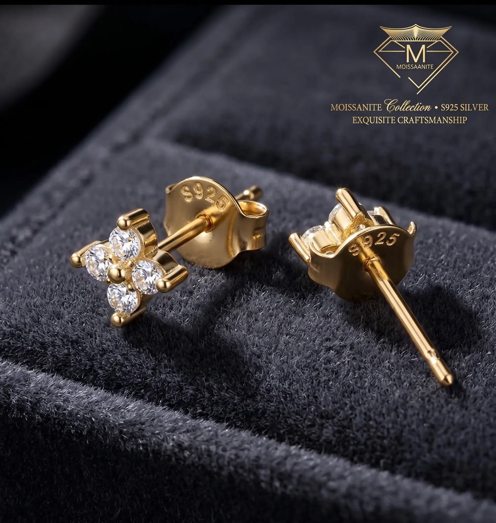 High Quality Earrings, 925 Sterling Silver Gold Clover Flower Studs, Sparkling Diamond Ear Studs, Hypoallergenic Stud Jewelry, Alt Earrings Gift