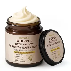 Whipped Beef Tallow for Skin with Manuka Honey - Grass Fed Beef Tallow and Honey Balm for Face & Body, Lightweight Whipped Texture for Easy Absorption - Unscented - 4 oz