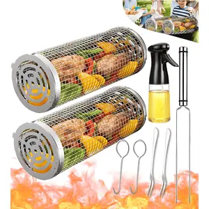 Rolling Grilling Baskets for Outdoor Grill Large Stainless Steel BBQ Mesh Tube with Rotating Cylinder Design, Perfect for Vegetables, Fish, Meat & Seafood, Camping & Barbecue Cooking Accessories, Unique Gift for Men