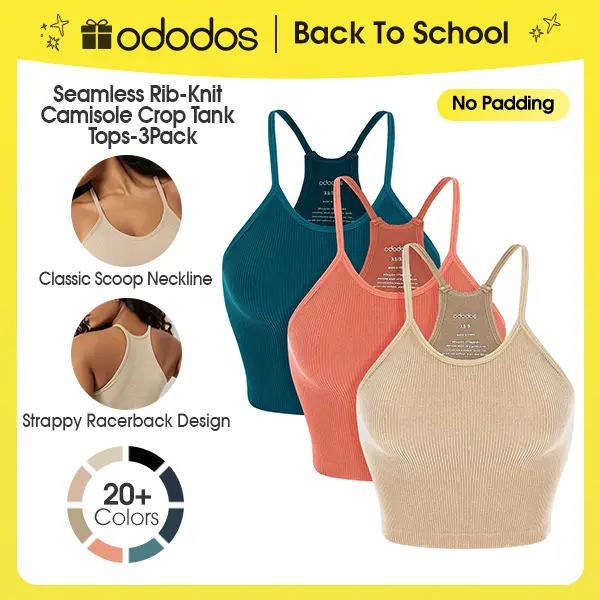 ODODOS Women's Crop 3-Pack Seamless (No Padding) Rib-Knit Camisole Tank Tops - Stretchy 4-Way Fabric for Yoga & Workouts - Soft Lightweight Design, summerwins,back to school,back to school shopping