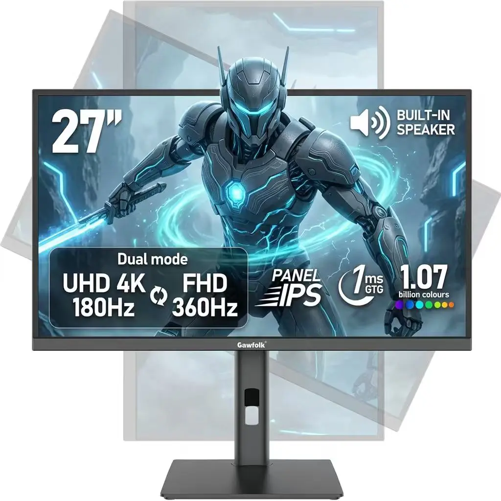 Gawfolk 27 Inch Black IPS 4K crt monitor，Dual Mode Gaming Monitor, UHD 180Hz / FHD 360Hz, 1.07 Billion Colors, Adaptive Sync, Height Adjustable, Built-in Speakers, HDMI 2.1 & DP 1.4