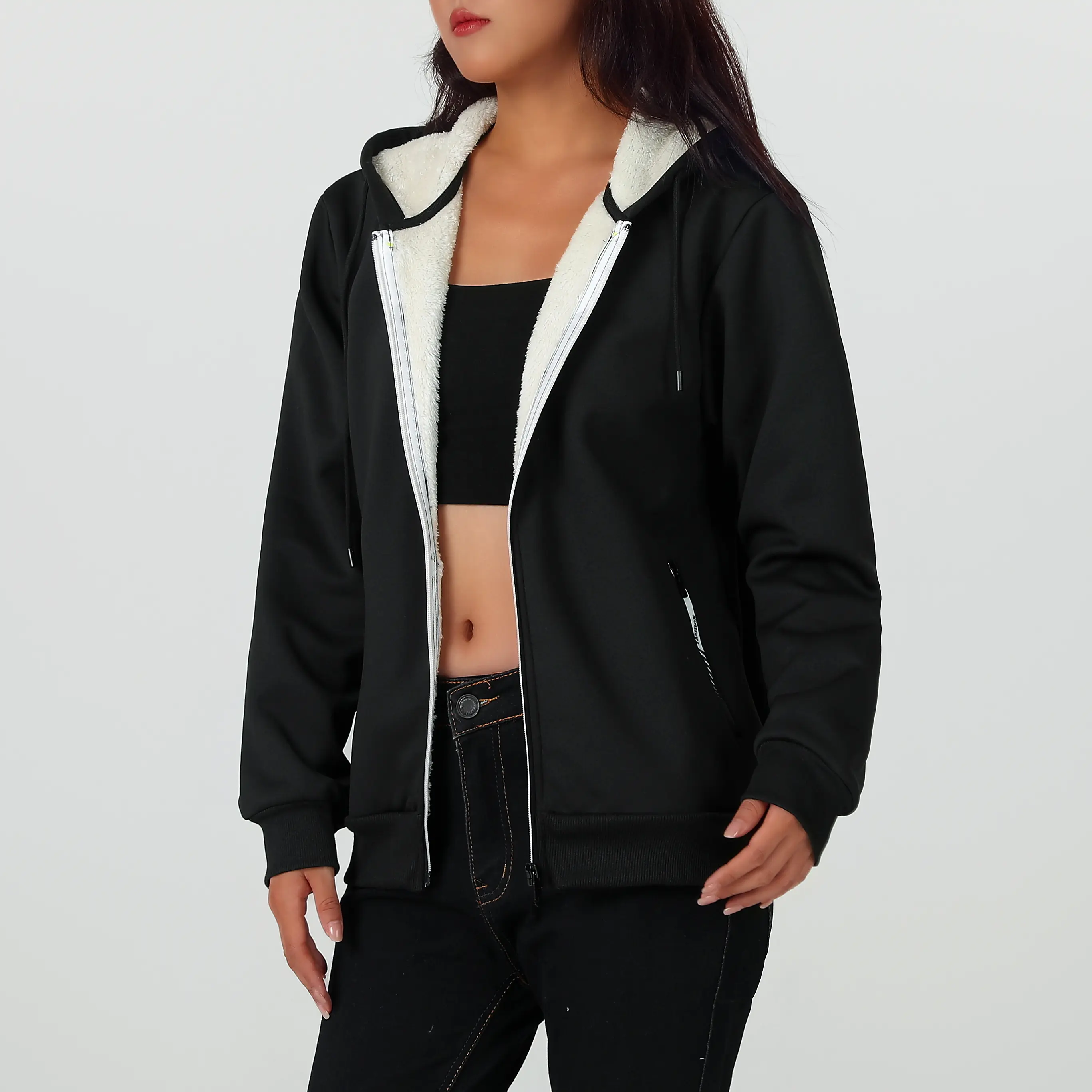 Women’s thick fleece zip-up hooded jacket, drawstring hood, loose long sleeves, pullover sweatshirt, solid basic style with zippered pockets, warm fleece hoodie, versatile for autumn/winter women’s fleece sweatshirt outerwear