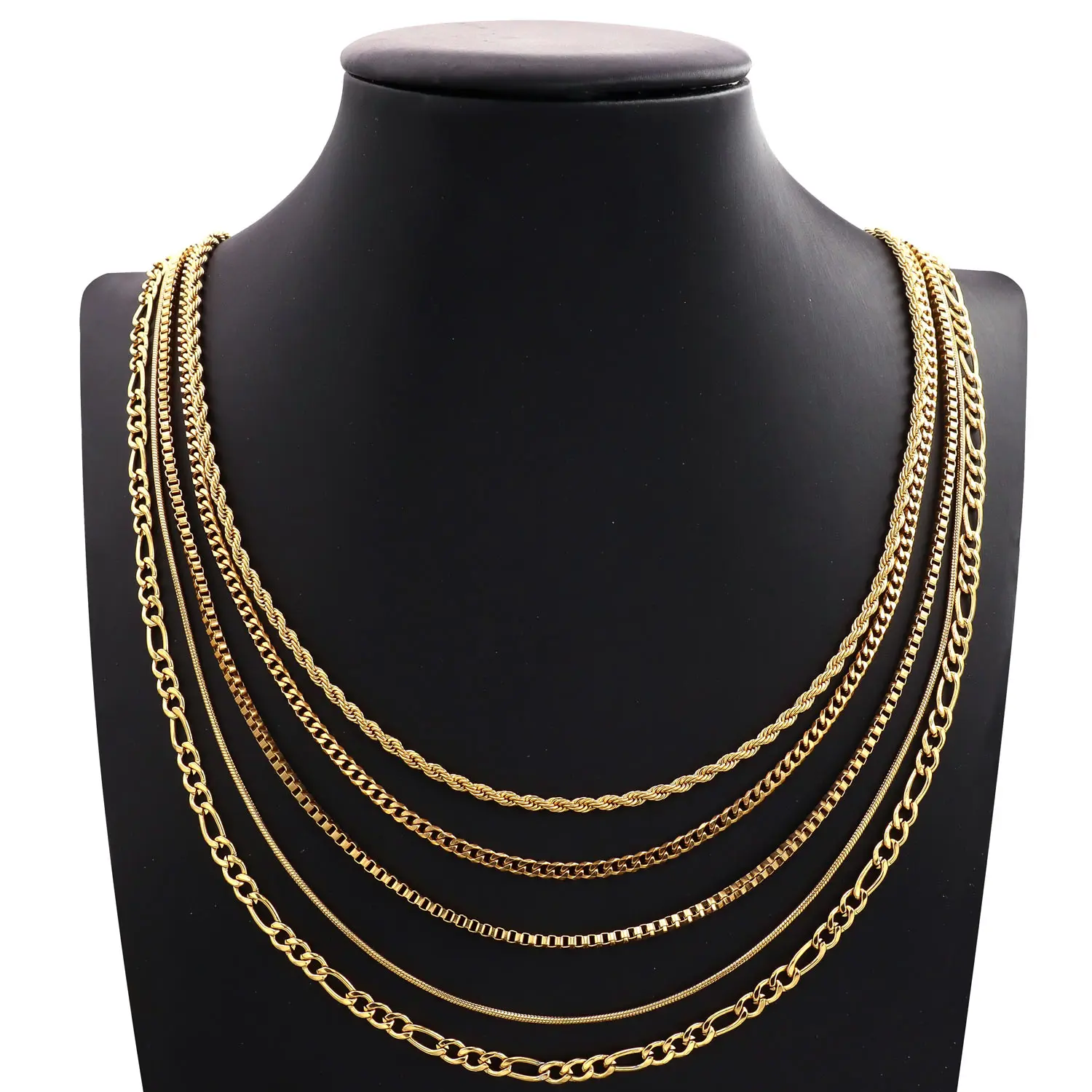 Female Stainless Steel Box Link Flat Oval Cuban Chain Jewelry Necklaces Set - 5-Piece 18-Inch Link Chains for Casual Wear (1 Set per Bag), Five Pieces