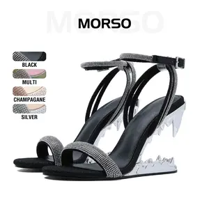 Womens Morso Rinestone Ankle Strap Mule Heels Tiger Teeth Shark Heel Open Toe One Strap Slip On Sandals Party Wedding Dating Outing Holiday Dress Spring Summer Fashion Heel