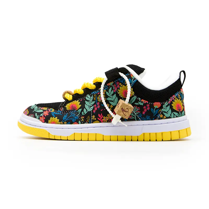 Men's Black Floral Casual Athletic Skate Sneakers - Vibrant Yellow Sole, 23 Vibe & Lucky 7 Style, All Sizes 36-50, Breathable Rubber Footwear, Padded Closed Streetwear Trainers