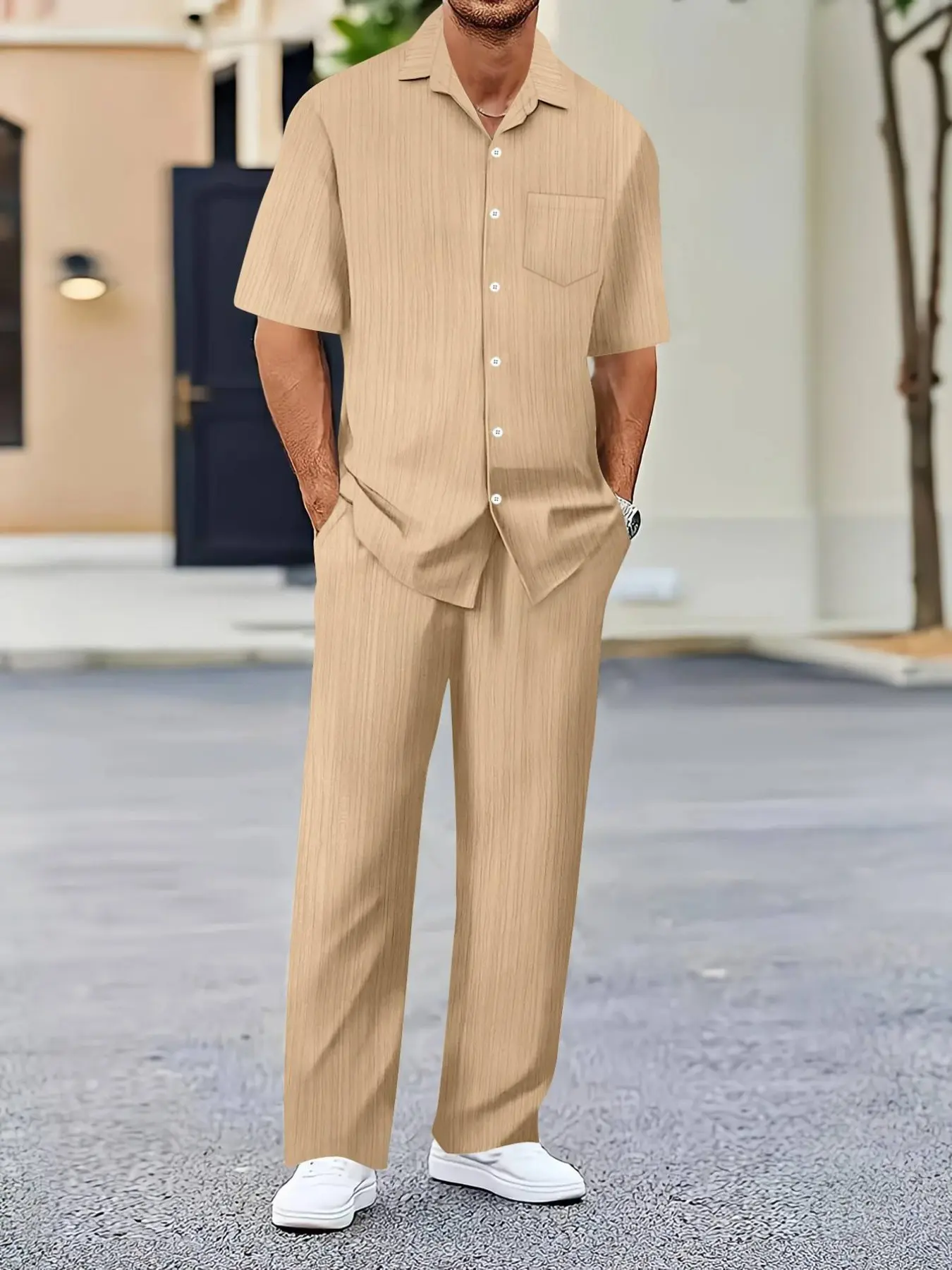 Men's Solid Color Short Sleeve Shirt and Long Pants Set, Casual Daily Two-Piece, Comfortable Lightweight Fabric