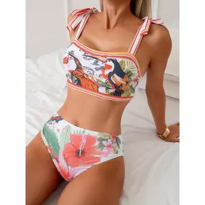 2026 New Spaghetti Strap Swim Skirt Set Women's Three Piece Bathing Suit Mini Skirt Tie Detail Fashion Print Beach Pool Holiday Swimwear Adjustable Fit Quick-Drying Fabric