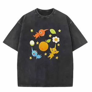 Menswear Vintage Washed Pikmin Oversized Round Neck Short-Sleeve T-Shirt - Casual, Colorful Cute Game Character Graphic Tee