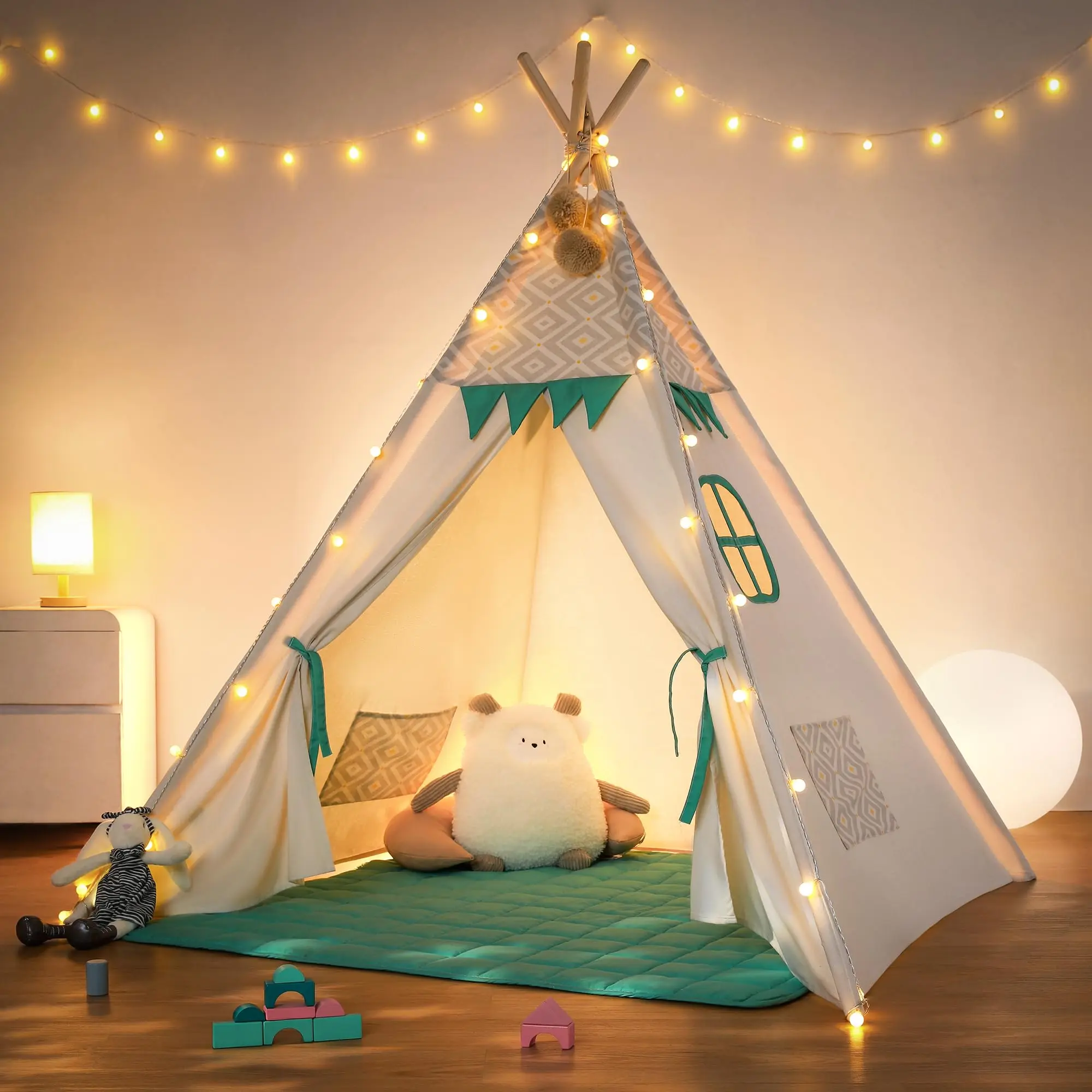 Teepee Tent For With Padded Mat & Light  Tents Indoor Playhouse Large Tipi Christmas Play Foldable Portable Reading Room