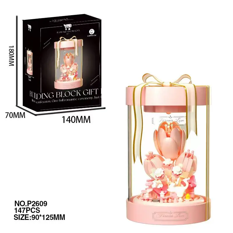 Pink Tulip Unisex Flower DIY Micro Blocks Kit with Acrylic Display Dome, Warm Night Light - Never Wilting Buildable Decor, Romantic Valentine's Day Gift for Wife (Building Toys)
