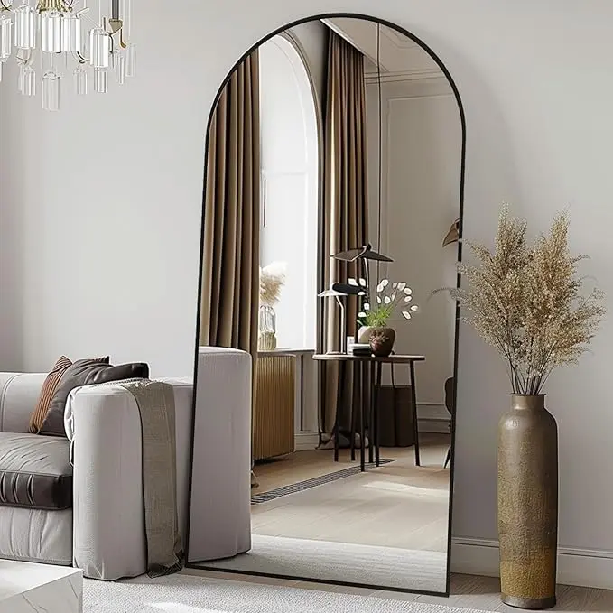Arched/Right Angle 71"x 26" Full Length Mirror Full Body Floor Mirror Standing Hanging or Leaning Wall,Arch Wall Mirror with Stand Aluminum Alloy Thin Frame for Bedroom Cloakroom,Black 64"x 21"/59"x 16" Full-Length Mirror with Explosion-Proof HD Glass