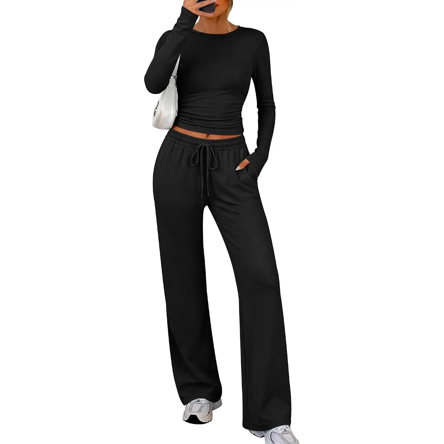 ANRABESS Womens 2 Piece Soft Comfy Lounge Sets | Long Sleeve Ruched Side Top Wide Leg Drawstring Pants with Pockets, Travel Matching Set, Fall Winter Outfit Adjustable Slim Rayon Loose