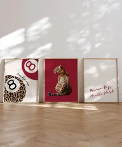 Set of 3 Leopard Red Wall Art Cheetah Print 8 Ball Lucky Me Trendy Wall Gallery Preppy Cheetah Print Poster Lucky Girl Poster