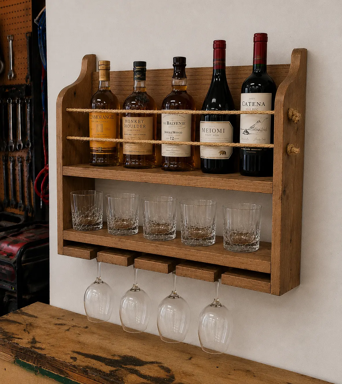 Rustic Wooden Whiskey/Bourbon/Wine Shelf | Wall Mounted Liquor/Wine Display | Handmade Bar Decor | Man Cave Gift