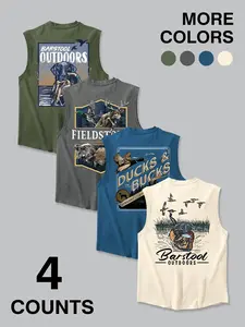 Men's Vintage, Classic Hunting 4-Pack Tank Tops, Duck & Outdoors Graphic Screen Printed Apparel, Micro-Elastic Soft Fabric, Casual Crew Neck Style for Daily Outings & Hunting Trips, Durable Print to Showcase Wilderness Spirit & Effortless Comfort