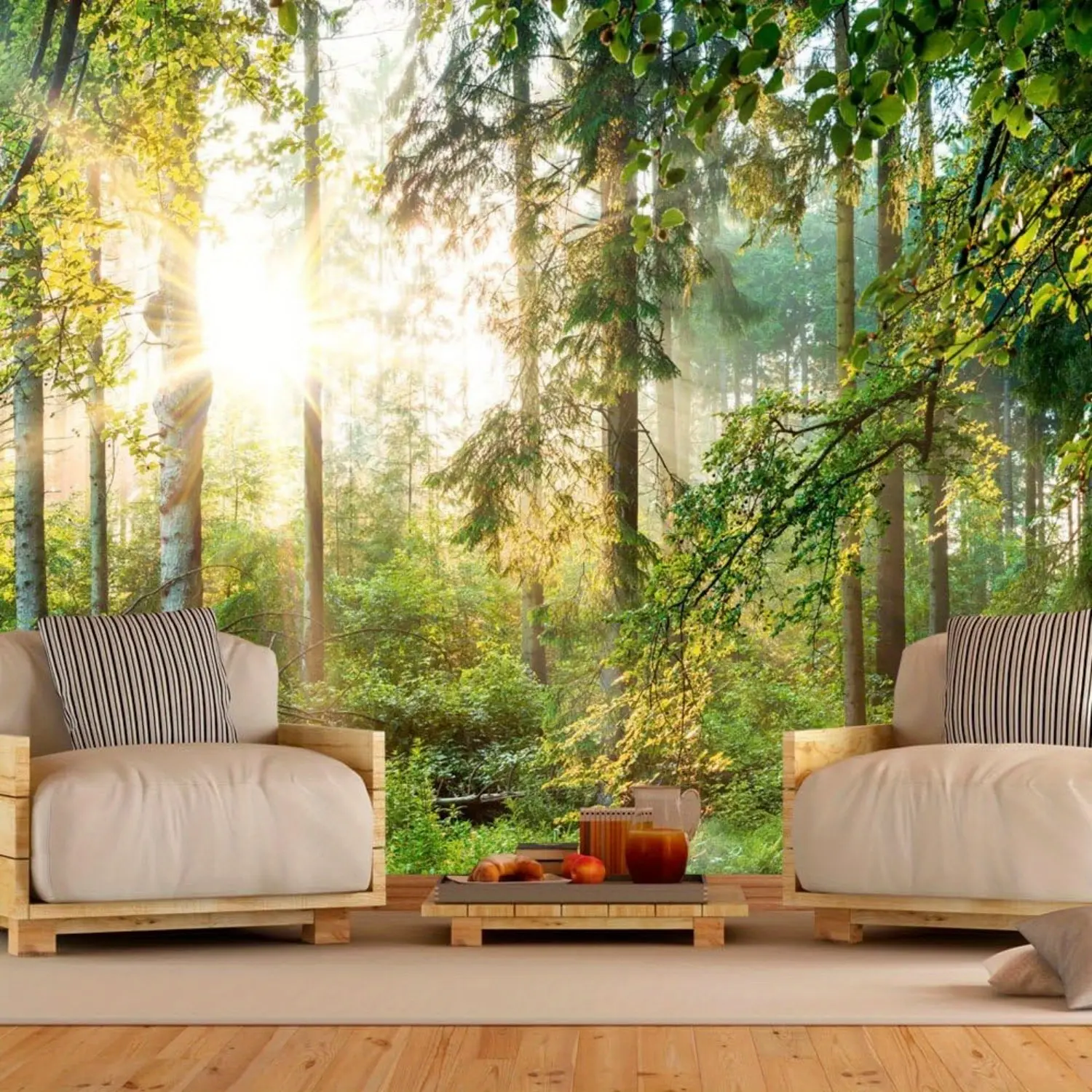 Contemporary Non-Adhesive Fabric Wall Mural - Forest Landscape Scene, Modern Home Decor for Living Room, Bedroom