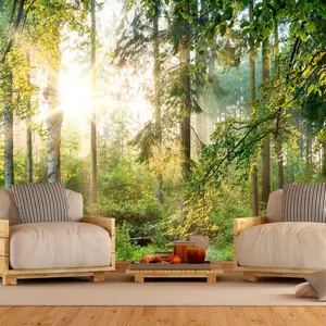 Contemporary Fabric Wall Mural, Forest Landscape Scene, Non-Adhesive Modern Decor for Living Room and Bedroom