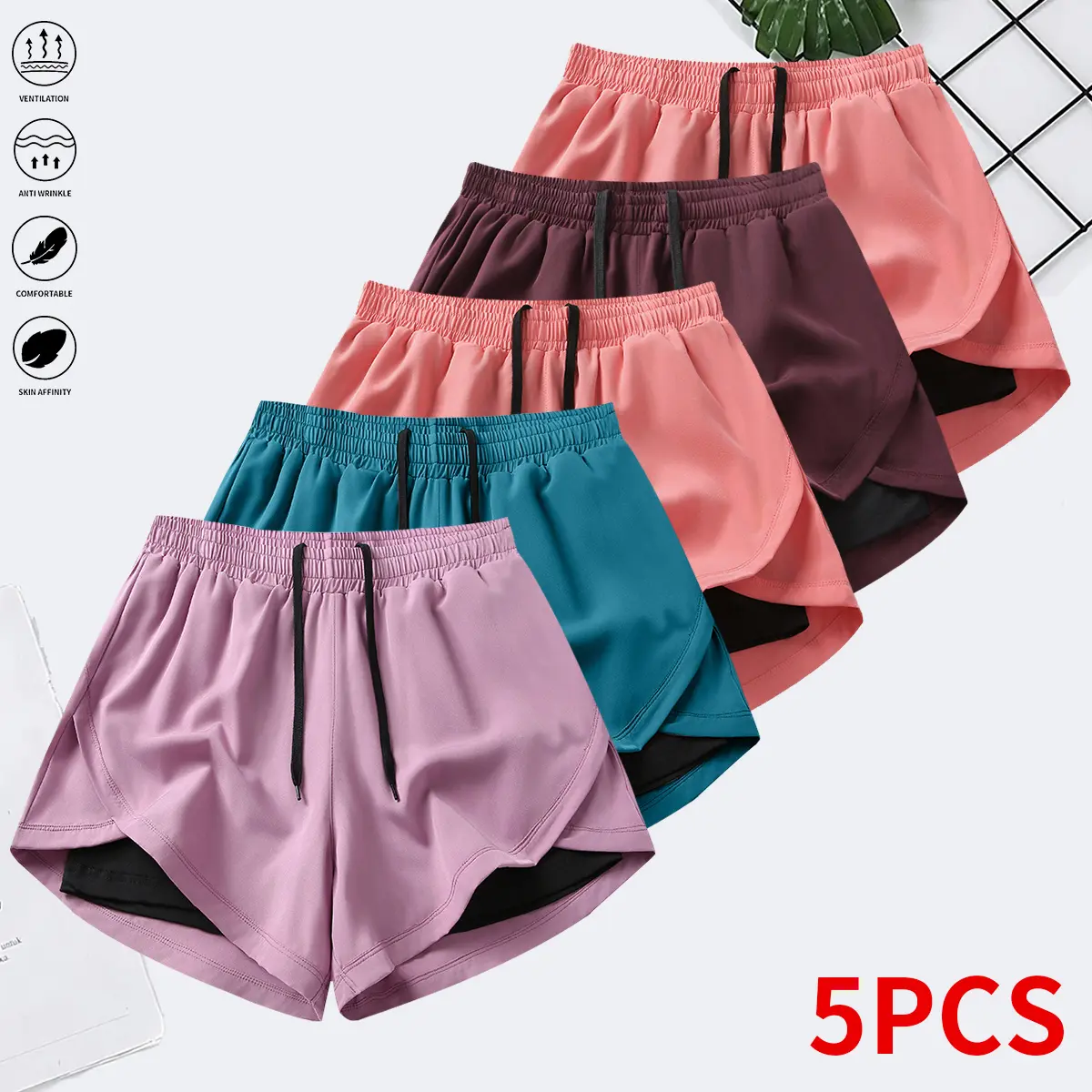 Women’s summer shorts: double-layer faux two-piece mid-length knit pants made from polyester–spandex fabric; breathable, quick-drying compression base layer shorts with elastic drawstring waist; suitable for fitness training, casual sports, and running.,s