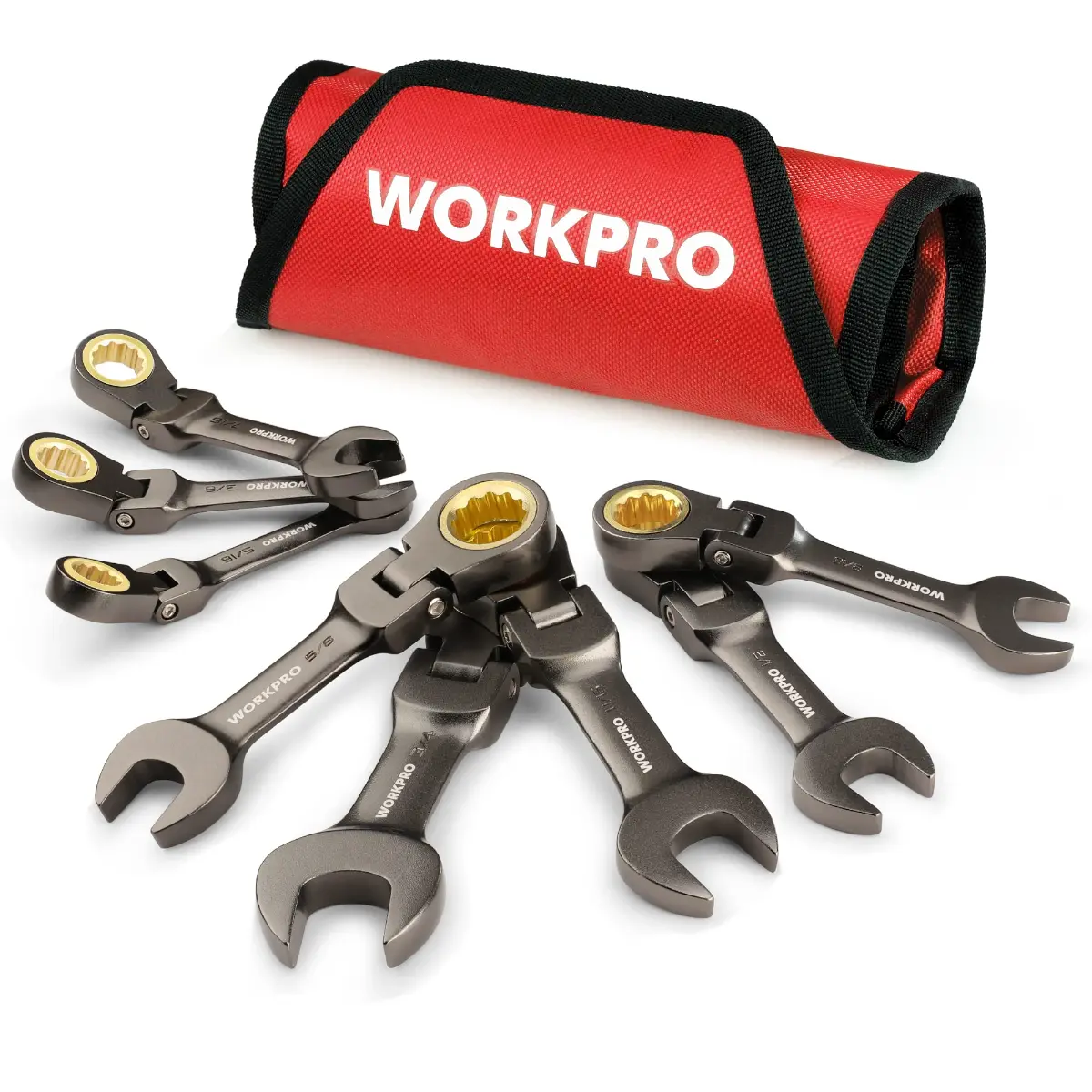 #fathersdaygift WORKPRO 8-Pack Flex Head Stubby Ratcheting Combination Wrench Set, 72-Teeth, CRV, Nickel Plating with Rolling Pouch