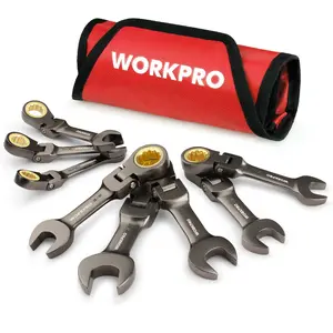 #JumpstartSale WORKPRO 8-Pack Flex Head Stubby Ratcheting Combination Wrench Set, 72-Teeth, CRV, Nickel Plating with Rolling Pouch