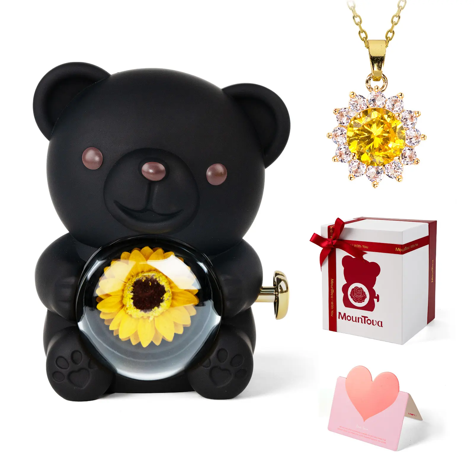 Lucky Sunflower Bear Necklace Gift Box Set - Valentine Ready Romantic Jewelry, Cute Home Decor for Mom, Birthday & Anniversary Gifting (Festive & Party Supplies)