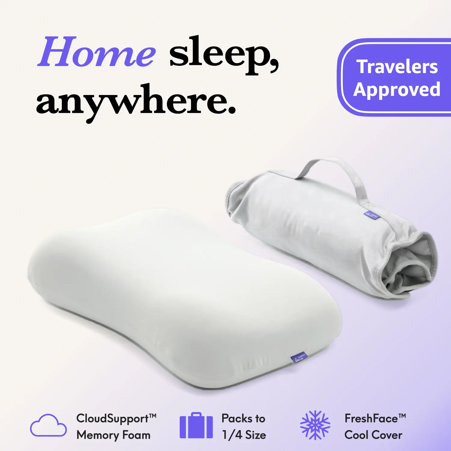 Cushion Lab | Travel Deep Sleep Pillow — Home Sleep, Anywhere — Lay-down Memory Foam Pillow for Hotels, Travel, Camping & Road Trips