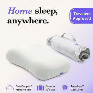 Cushion Lab Travel Deep Sleep Pillow - Memory Foam Travel Pillow with Carry Bag for Side & Back Sleepers, Compact Cervical Pillow with Cooling Cover, Lay-Flat Bed Pillow for Hotel Airplane Car RV Camping, Full-Size Comfort Packs to Carry-On Size