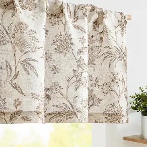 Linen Valance Curtain Farmhouse Cottage Floral Small Window Curtain Light Filtering for Kitchen Rustic Valance for Living Room Bedroom Rod Pocket 1 Panel Taupe on Beige