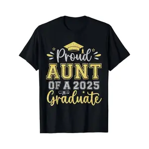Soft Short Sleeves Proud Aunt of a 2025 Graduate Men's T-Shirt - Black Cotton Casual Tee with Golden & White Graduation Design, Short Sleeve, Round Neck, Machine Washable, Academic Event Clothing |   Festive Design |   Durable Print