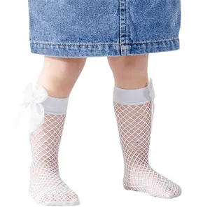 Kids Girl’s Knee-high Fishnet Socks Hollowed Bowknot Elastic Lightweight Socks for Birthday Party
