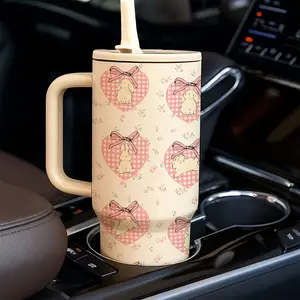 40oz Reusable Vacuum Insulated Tumbler With Handle And Straw Lid, Insulated Water Bottle, Bunny Heart Pattern Cup, Double Wall Stainless Steel Tumbler, Keeps Hot 12H Cold 24H, Leak Proof Straw, Large Capacity Insulated Travel Gift