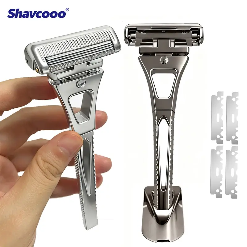 SHAVCOOO GP600 Glide 6.0 Pro Luxury Stainless Steel Safety Razor - 4 Half Blades, DIY Magnetic Rotate Head, Dual-Angle Cut Daily Shaving Tool, Facial Grooming Shaver Razors Kit with Gift Handle for Men, Safety Shaving Razors