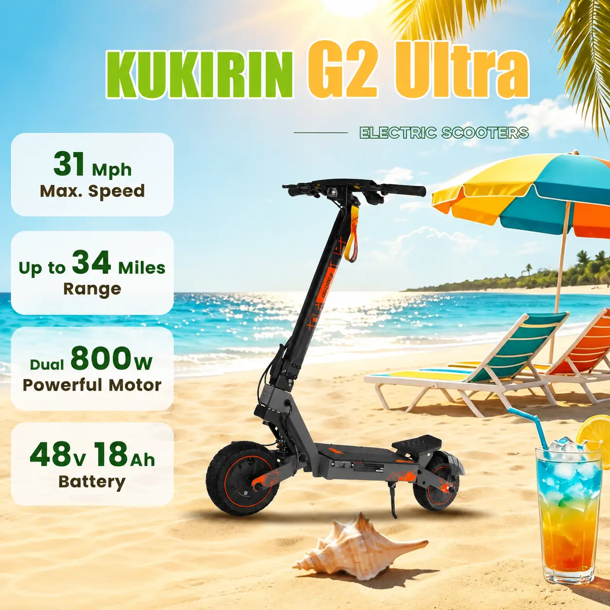 KUKIRIN G2 Ultra Electric Scooter for Adults, Dual 800W Powerful Motor, maximum 34 Miles Range & 31 MPH Speed, 10" Tubeless Tires, Dual Disc Brakes & Shock Absorption Foldable Commuting Scooter e-scooter sohochic