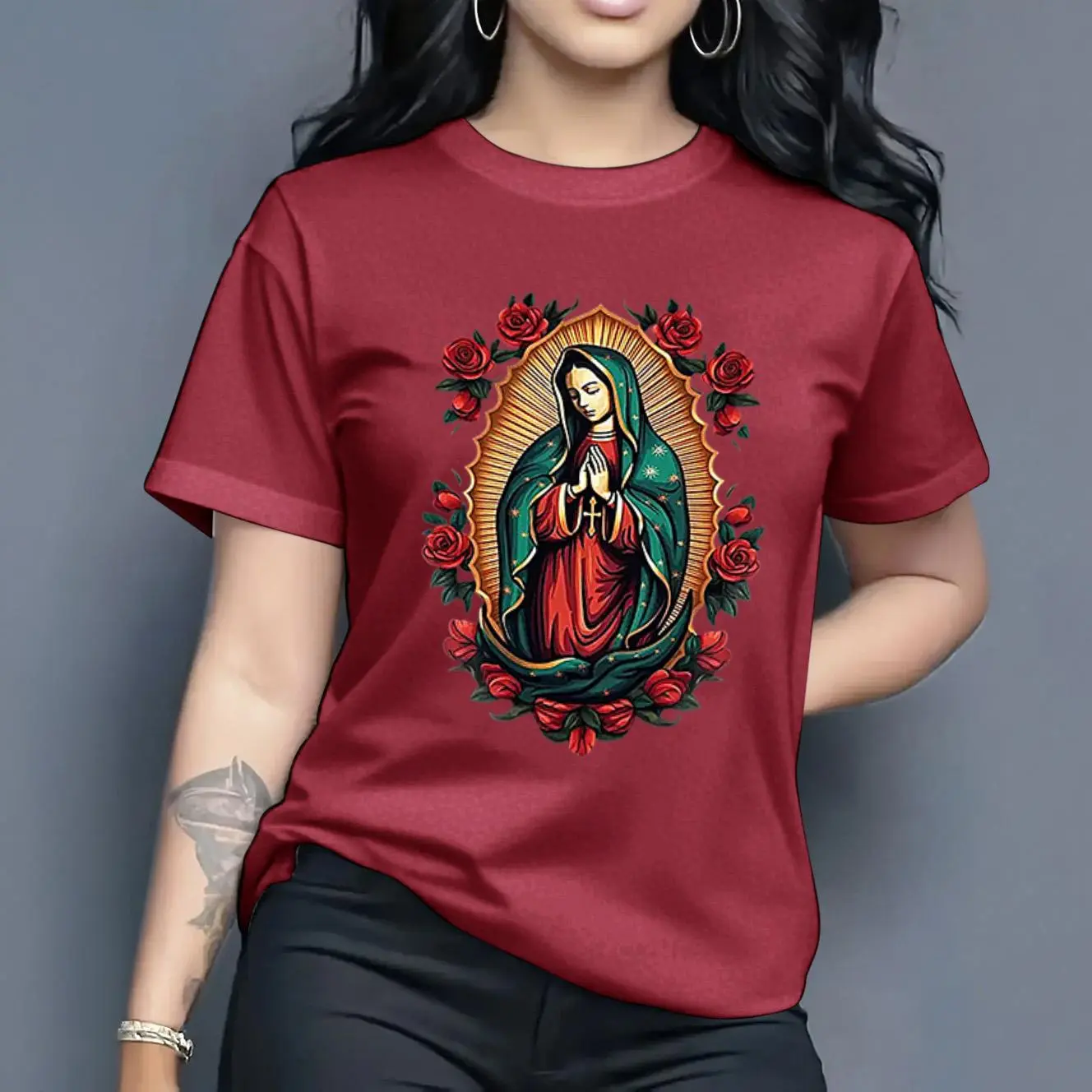 Women's Virgin of Guadalupe Graphic T-Shirt, 100% Cotton Short Sleeve Top, Casual Round Neck Streetwear with Classic Fit, Basic, Shortsleeve, Fabric, Lady, Shirts For Women, Digital Print, Mexican Pride Graphic Women's T-Shirts