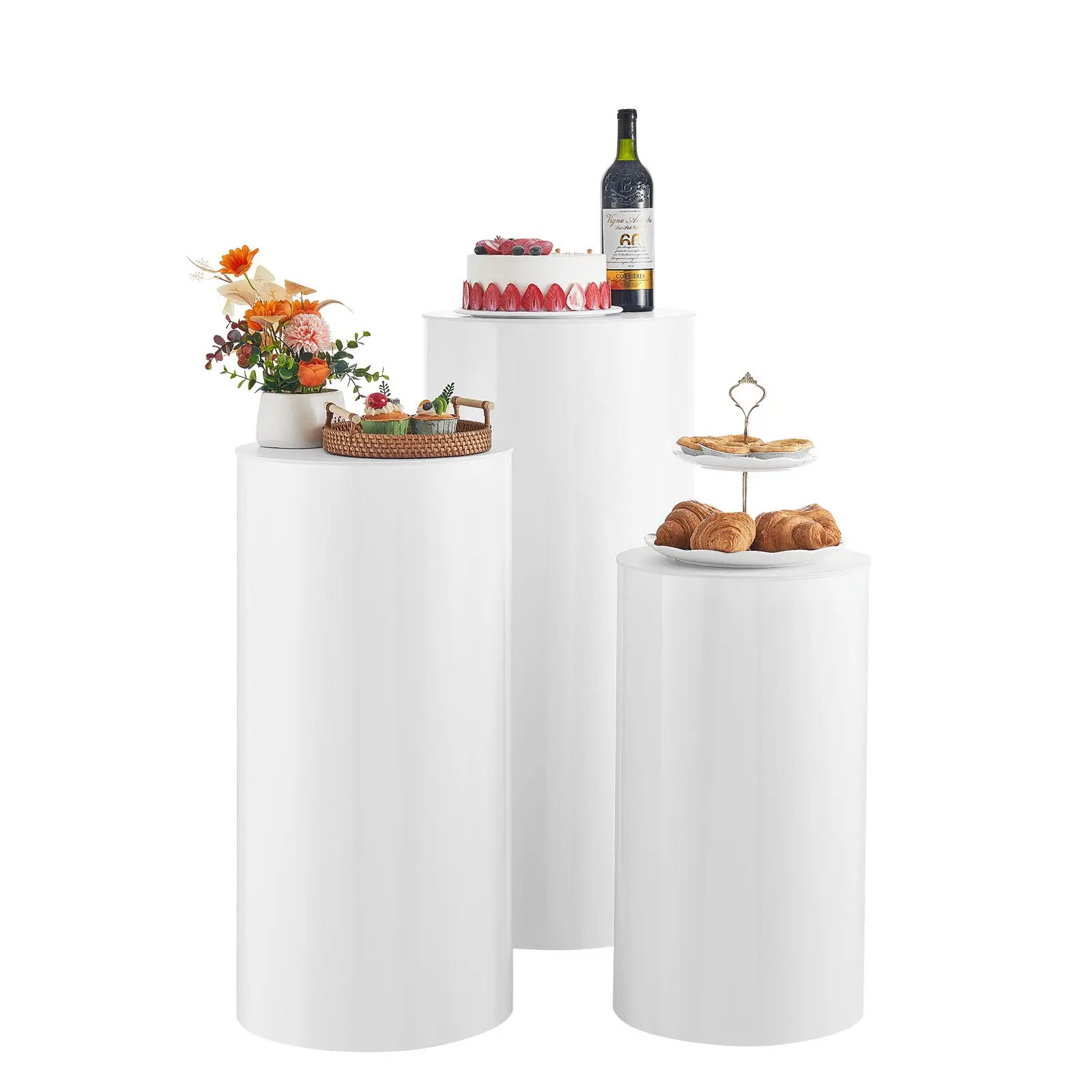 3 Pcs Modern Hollow Round White Pedestals - Durable, Smooth-Finish, 33.07 lbs Load Capacity, Effortless Cleaning Surface - for Wedding Decoration, Flower Displays, Birthday Celebrations
