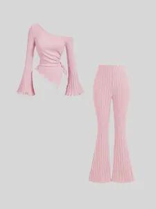 Women's Solid Fitted Long Sleeve Asymmetrical Neck Top & Flare Leg Pants Two-piece Set, Casual Fashion Cozy Clothing Set for Daily Outdoor Wear, Women Clothing for Fall & Winter, Womenswear