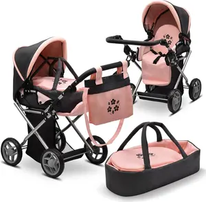 Baby Doll Convertible Pram Stroller with Removable Travel Bassinet Carrier – 3-in-1 Adjustable Doll Buggy Carriage with Canopy, Storage Basket & Diaper Bag – Black & Pink Pretend Play Stroller for Girls Ages 3+