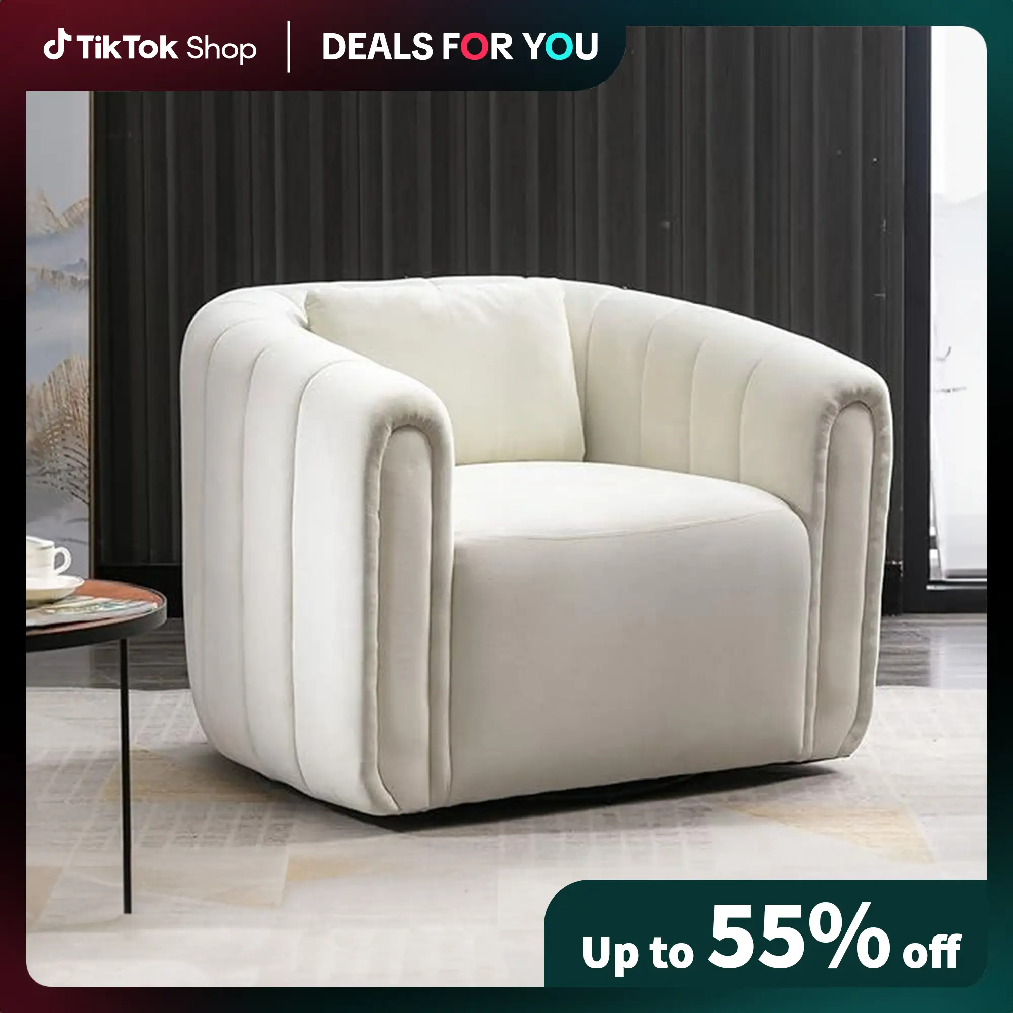 [Restock] Ebello Swivel Feature Chair with Plump Pillow, Modern Channel Dutch Velvet Upholstery Chair, Comfortable Round Armchair, Swivel Bucket Chair