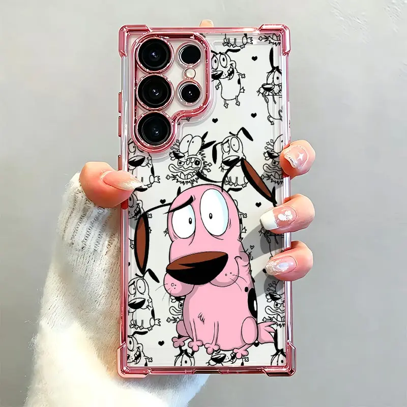 Cartoon Courage the Cowardly Dog Reinforced Corners Electroplated Soft Silicone Phone Case For Galaxy S26Ultra/S25/S24fe/S23/S22 Plus Drop Protection|Full Camera Protection|Anti-Scratch|Non-Smudge|Non-Slip|Anti-Yellow|Perfect Birthday Gift for Her