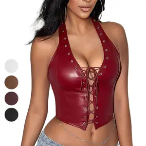 ApperlothA Women's Halter PU Crop Top - Y2K Punk V Neck Grommet Eyelet Tie Front Backless Corset PU Leather Shapewear Tops - TikTokShopBlackFriday