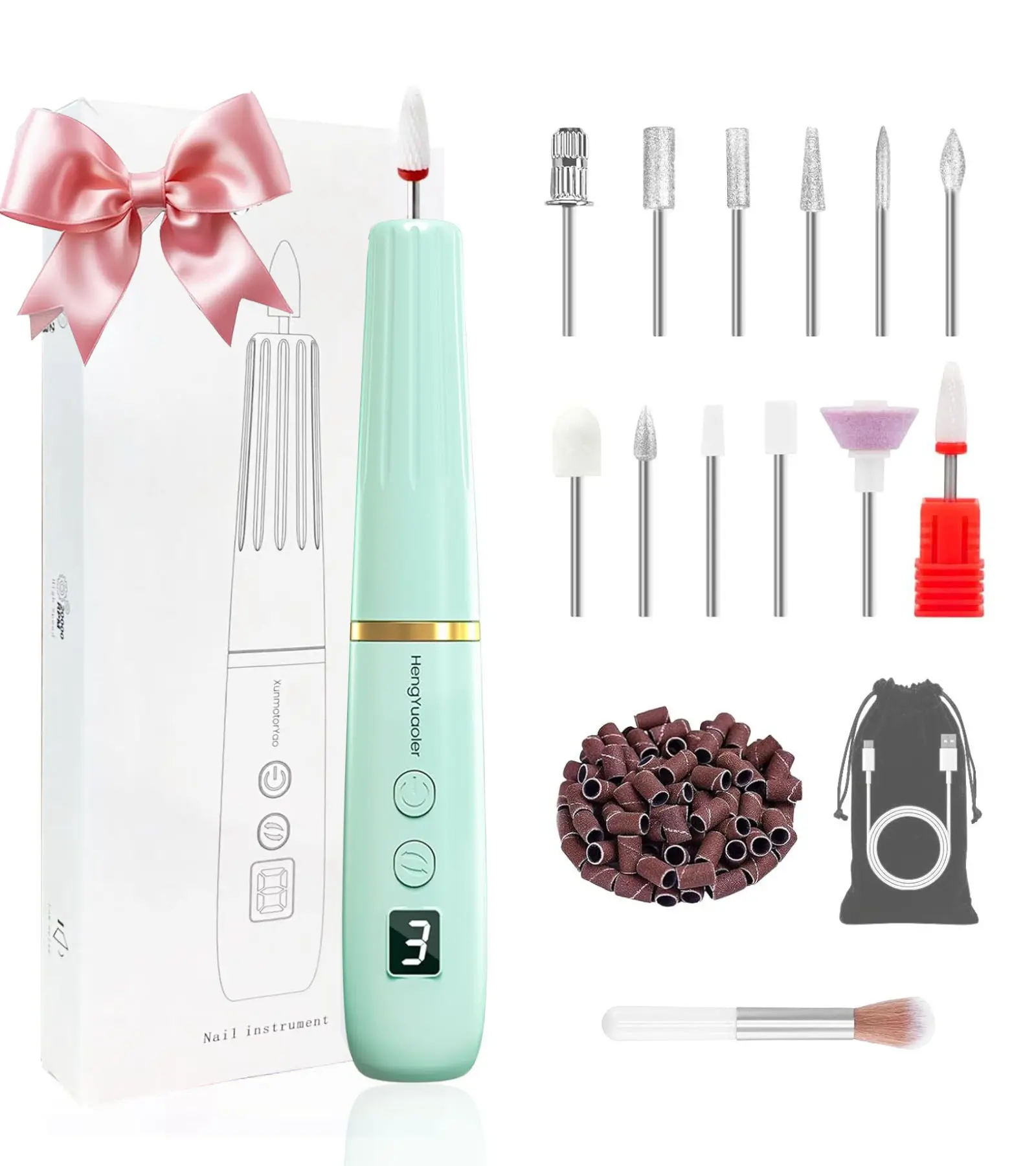 HengYuaoler Electric Nail Drill & File - Portable Nail Machine Kit for Acrylic Gel & Dip Powder Nails Manicure Pedicure Polishing Set with 12 Bits & Sanding Bands Matte Pink Dry Green