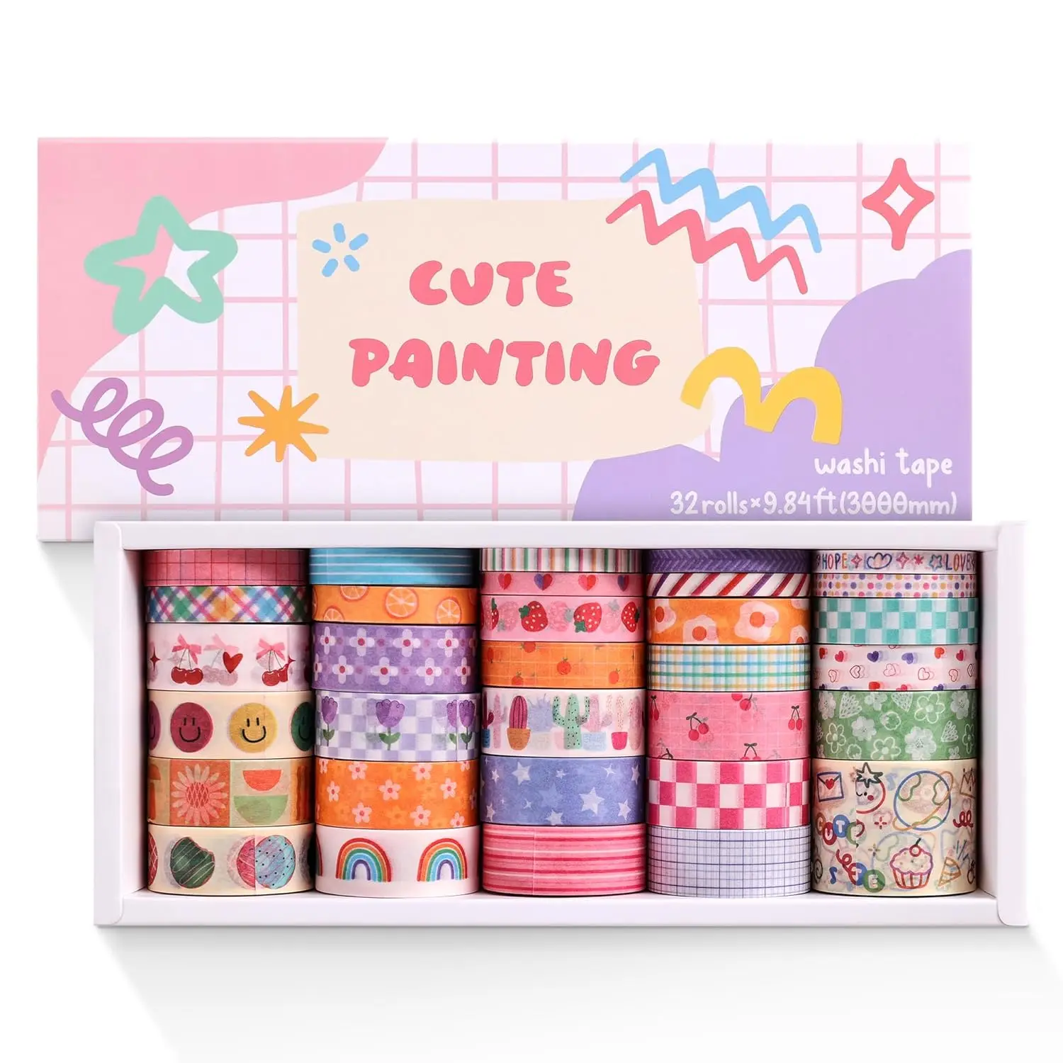 PAGEMORE 32-Roll Repositionable Themed Sticker Tape Set for Girls - Colorful Floral, Smiling Faces, Friends, Rainbows, Cute Paintings, Checks Designs, Writable, Easy to Tear, 0.19-1.18in Wide, 9.84ft/Roll, DIY Scrapbooking Journaling Decor Supplies, Dough