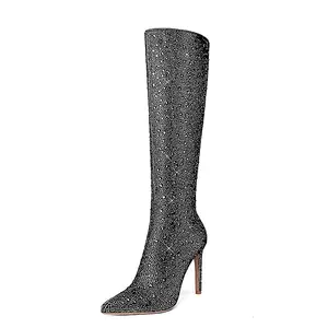 Women's Glittering Knee-High Boots adorned with Rhinestones, featuring a Pointed Toe and Stiletto Heel, creating a dazzling Ankle Bootie style.
