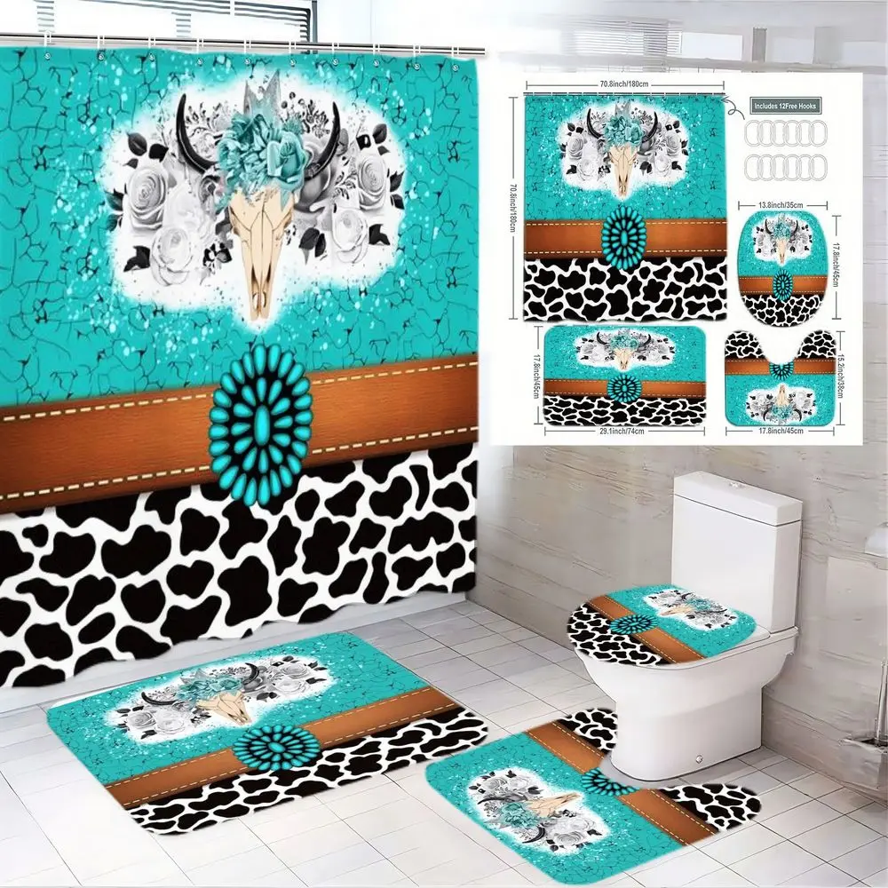 1/4pcs Rustic Western Cowhide Bathroom Set - Turquoise Shower Curtain with Steer Skull, Decorative Shower Curtain, Brown Belt, Black & White Cowhide Rug - Cowboy Home Decor, Housewarming Gift, Bathroom Decoration Accessories