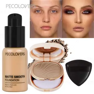 3pcs/set Smooth Liquid Foundation&powder Foundation with Power Puff，Matte Finish, Medium Coverage, Natural-Looking Bronzer & Foundation Daily Makeup Kit