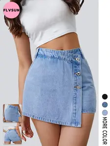 Flvsun-Women's Casual High Waisted Button Front Jean Shorts Denim Wrap Skort Skirt with Pocket