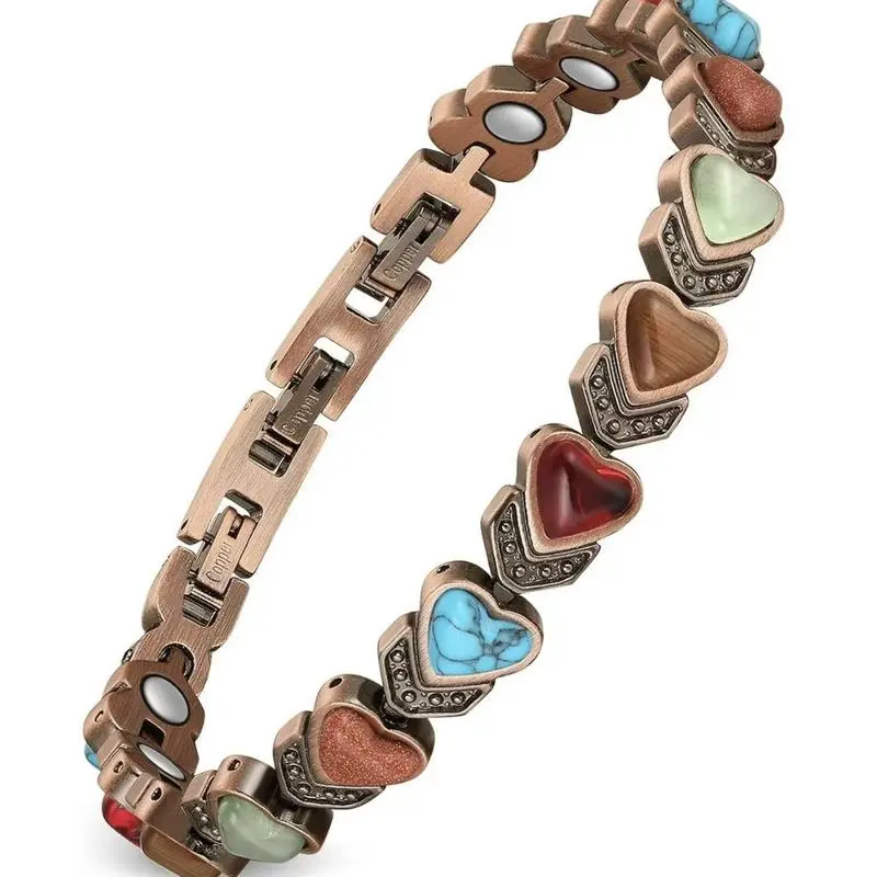 Magnetic Copper Bracelet for Women, Vintage Boho Style with Gemstone Hearts, Fashionable Adjustable Stack Bangle, Fashionable Bracelet Style, Bracelets Accessories