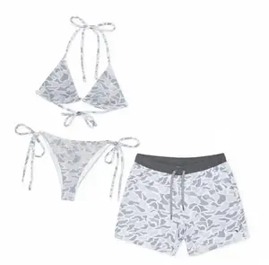 Matching Couple Swimwear Set, Grey Camouflage Bikini & Board Shorts, Perfect Gift for Him & Her